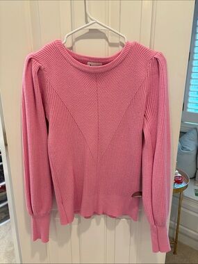 Women’s Pink Ribbed Long-Sleeve Crewneck Sweater